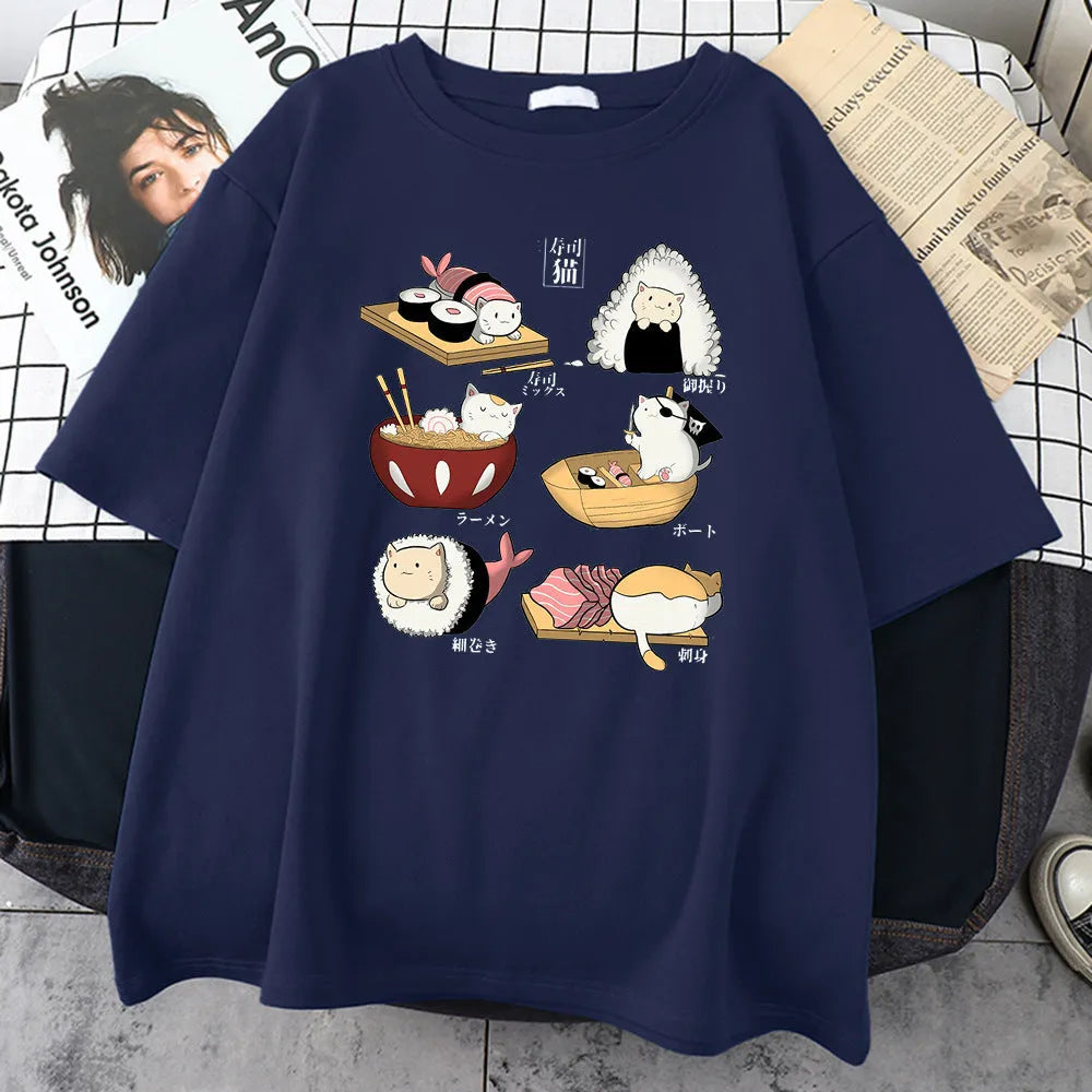 Men's black cotton T-shirt with white cat sushi cartoon design on chest, short sleeves, loose fit