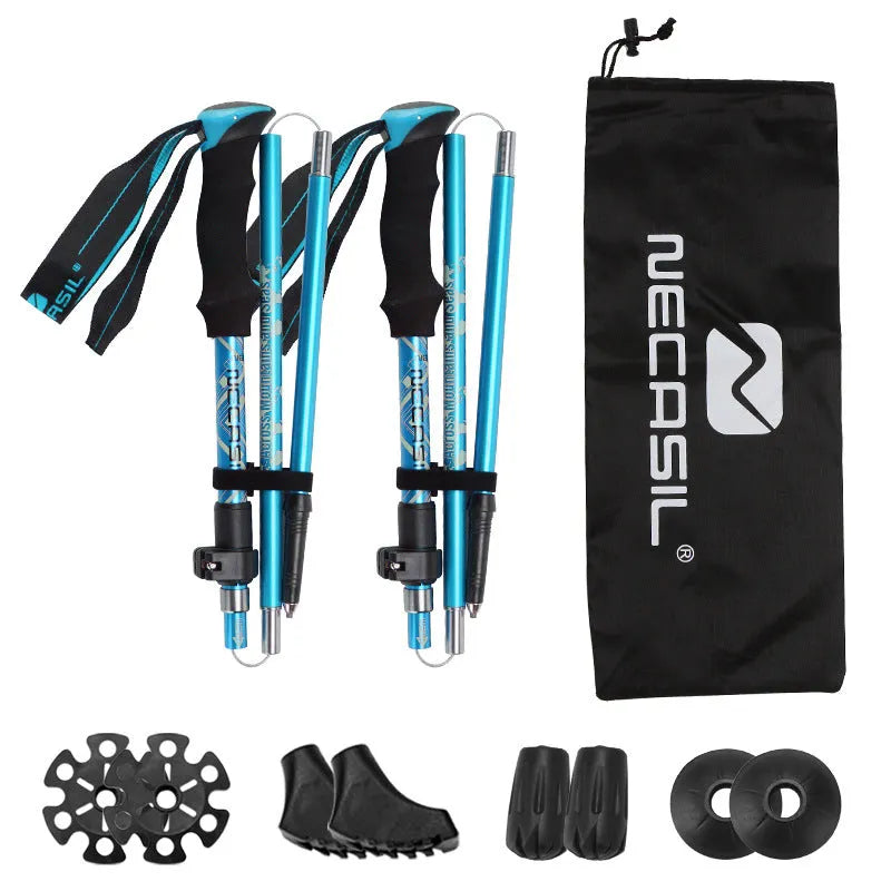 Aluminium alloy hiking cane with adjustable height, black colour, folded for storage