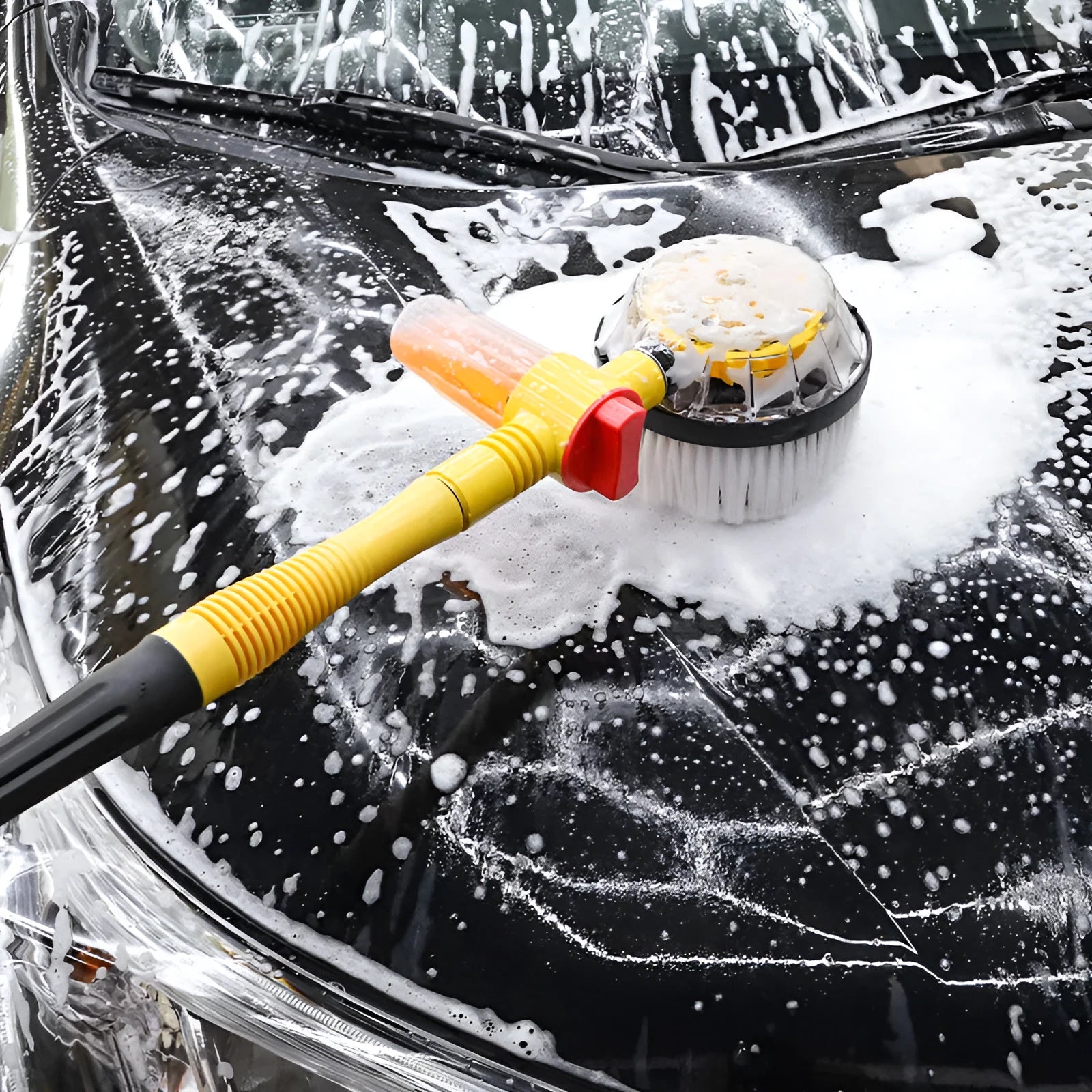 Yellow car wash mop with hydraulic controls and dual-material brush head