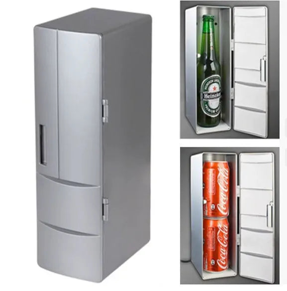 Silver USB mini fridge with open door showing two beverage cans and interior LED light