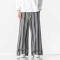 Vintage stripe loose straight mopping trousers in cotton blend fabric showing straight leg opening