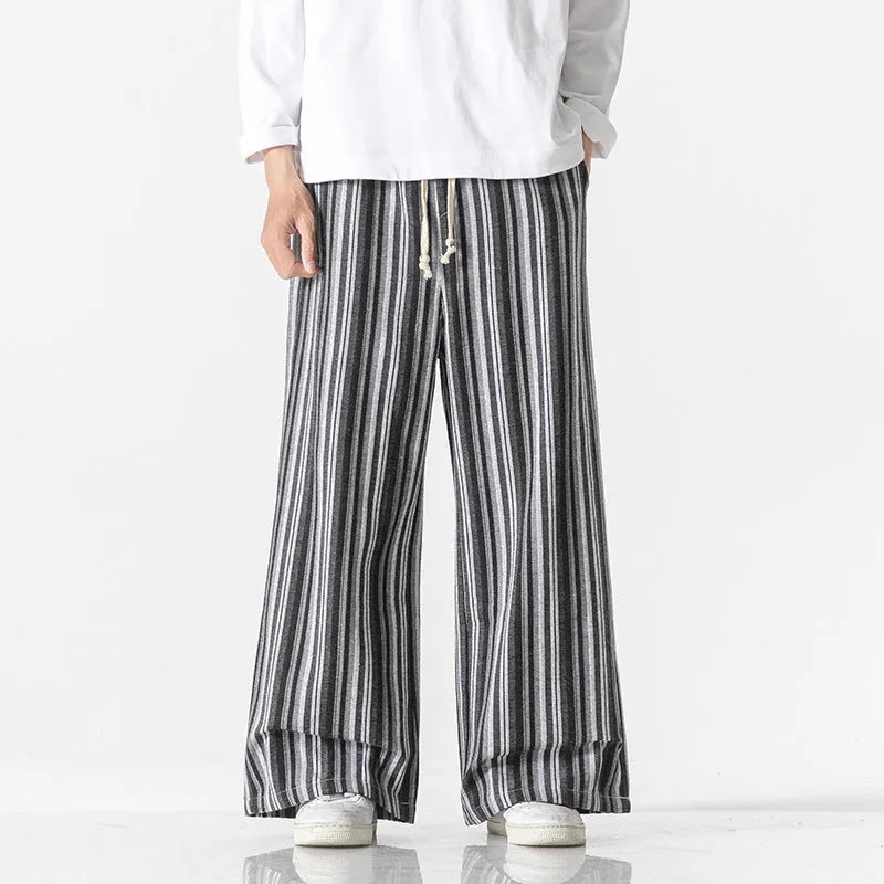 Vintage stripe loose straight mopping trousers in cotton blend fabric showing straight leg opening