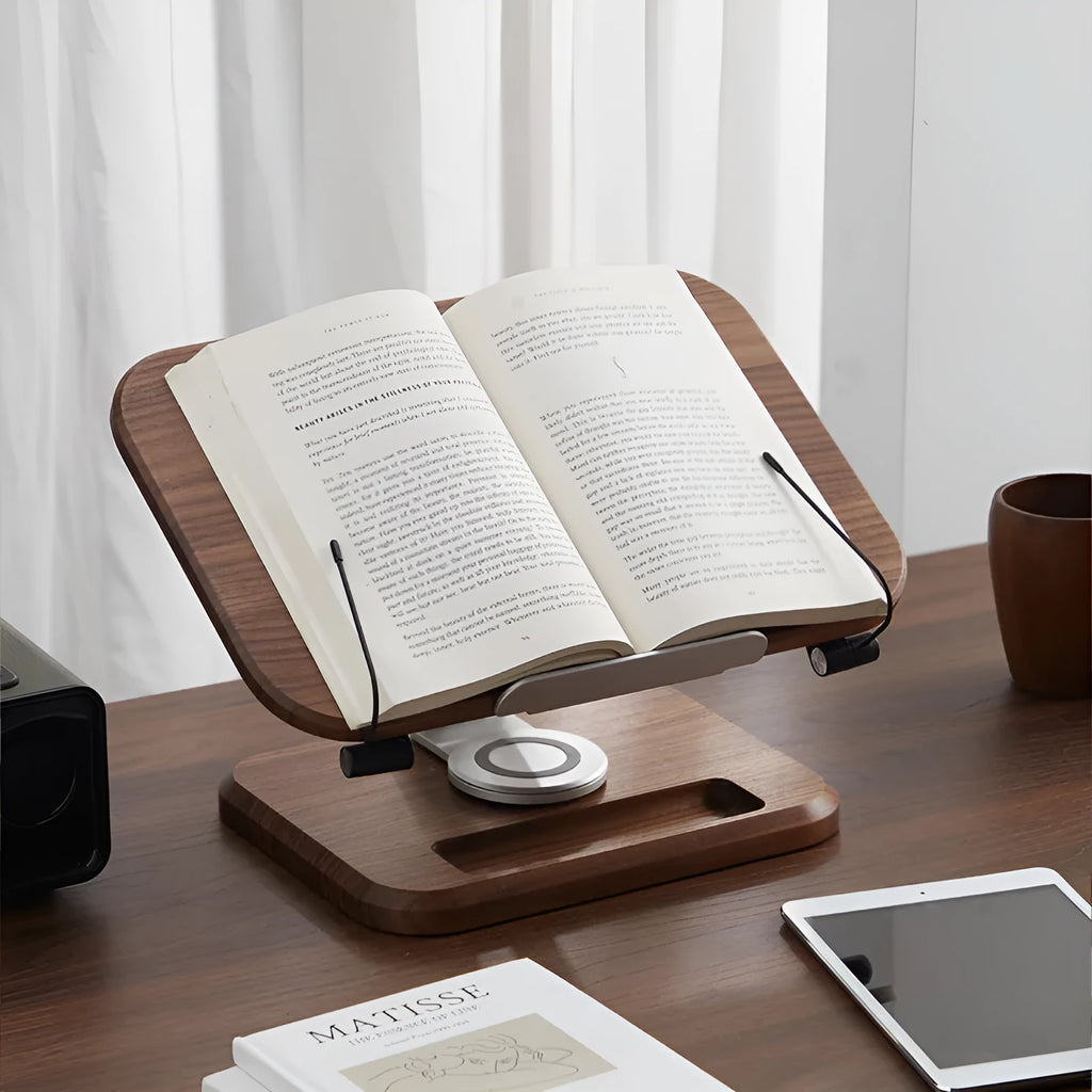 Black walnut solid wood adjustable rotating reading rack and iPad bracket in walnut colour