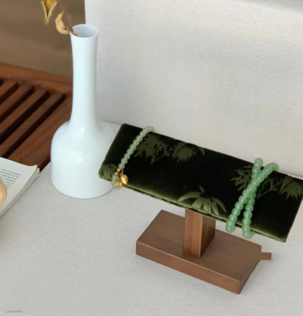 Solid wood walnut necklace display stand with ink painting bamboo design jewellery rack