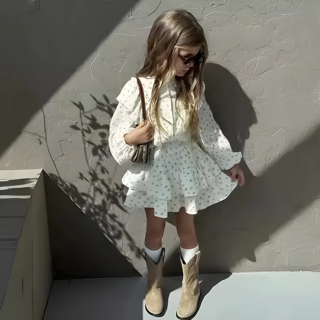 Girls autumn floral lace shirt tiered skirt two-piece cotton set with shorts pullover style