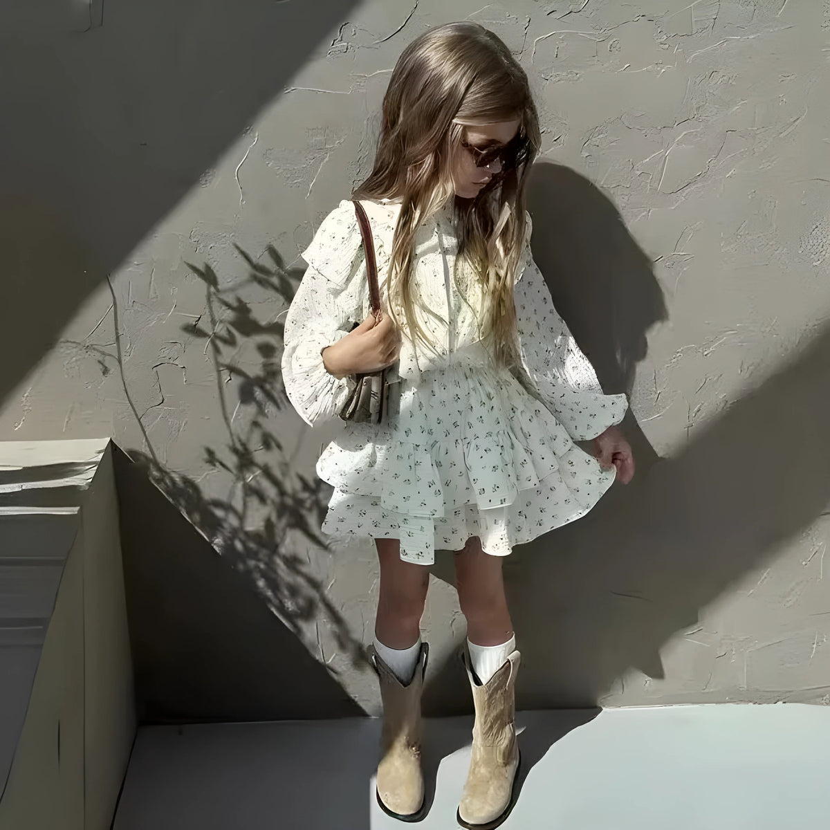 Girls autumn floral lace shirt tiered skirt two-piece cotton set with shorts pullover style