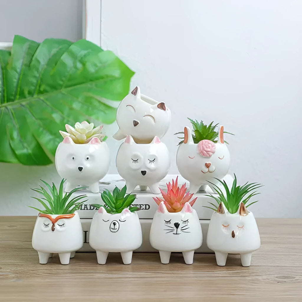 Ceramic succulent flowerpot with hand painted cartoon animal design in colourful pattern
