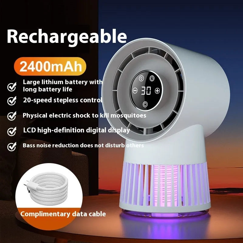 White plastic 2-in-1 mosquito killer and USB desk fan with night light, showing compact bladeless design.