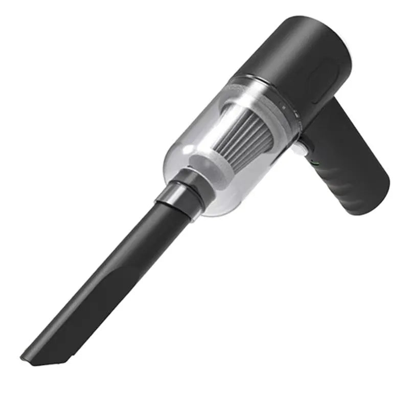 Black handheld portable wireless car vacuum cleaner with USB charging port