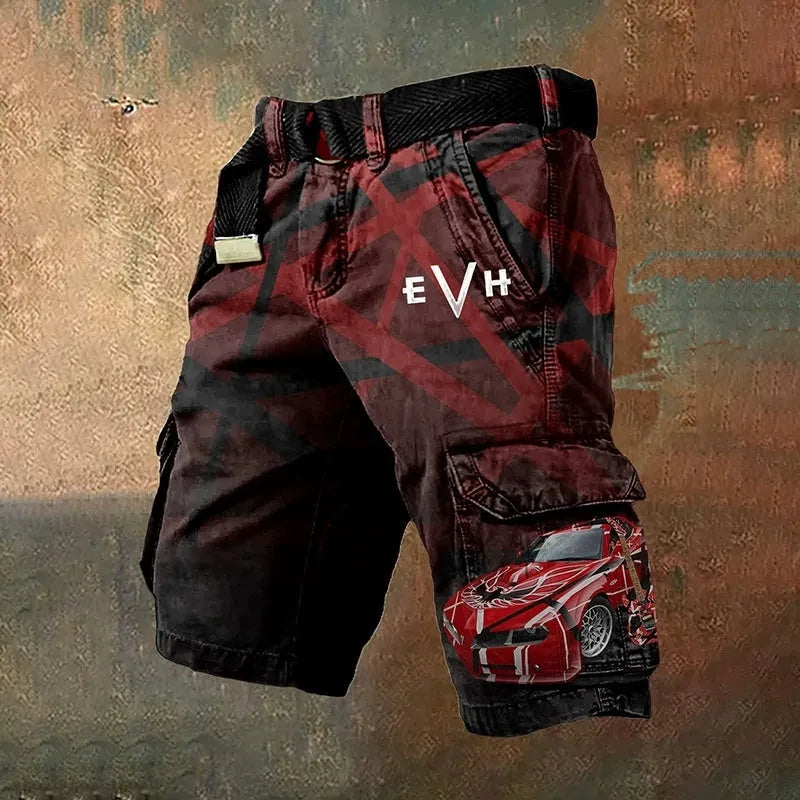Man wearing black polyester shorts with a 3D digital printed pattern.