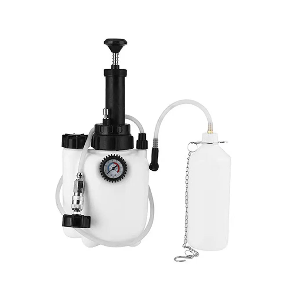 White 3-litre automobile brake oil tank replacement tool made from copper, iron, and plastic.