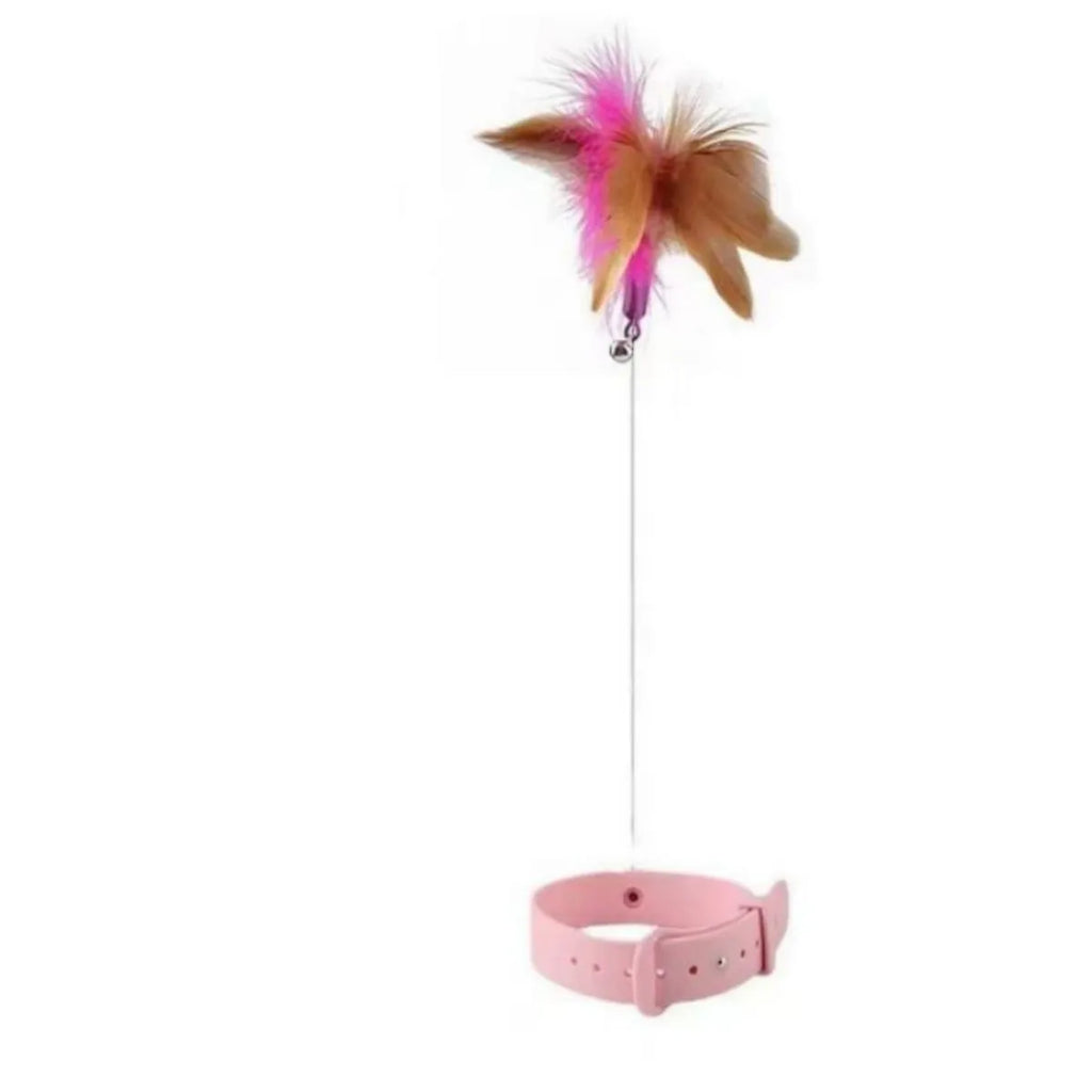 Adjustable cat collar toy with silicone teasing wand and feather attachment, showing blue and pink colour options