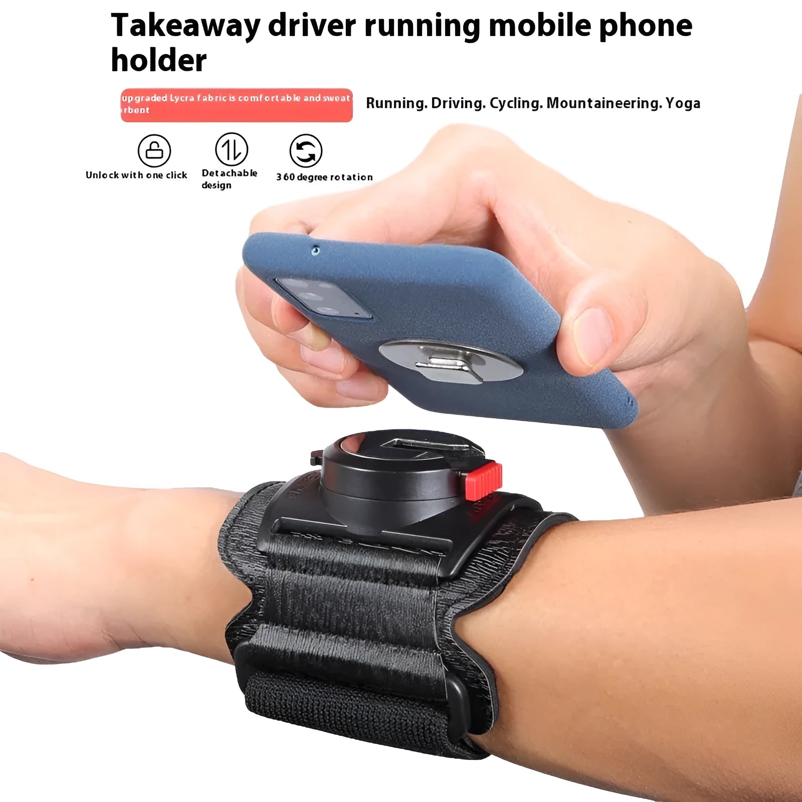 Black mobile phone holder worn on wrist showing smartphone compatibility for delivery and sports use