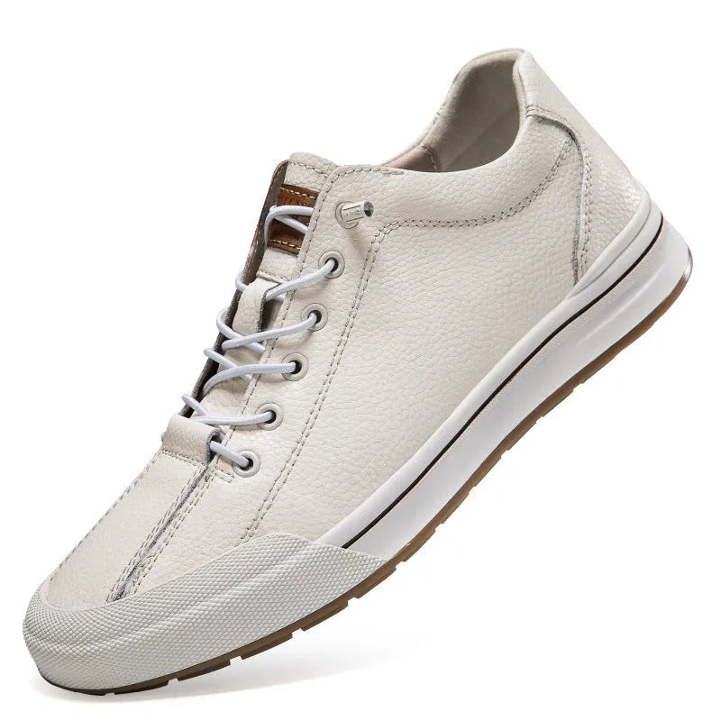 Men's white matte leather flat shoes with round toe and 6CM heel
