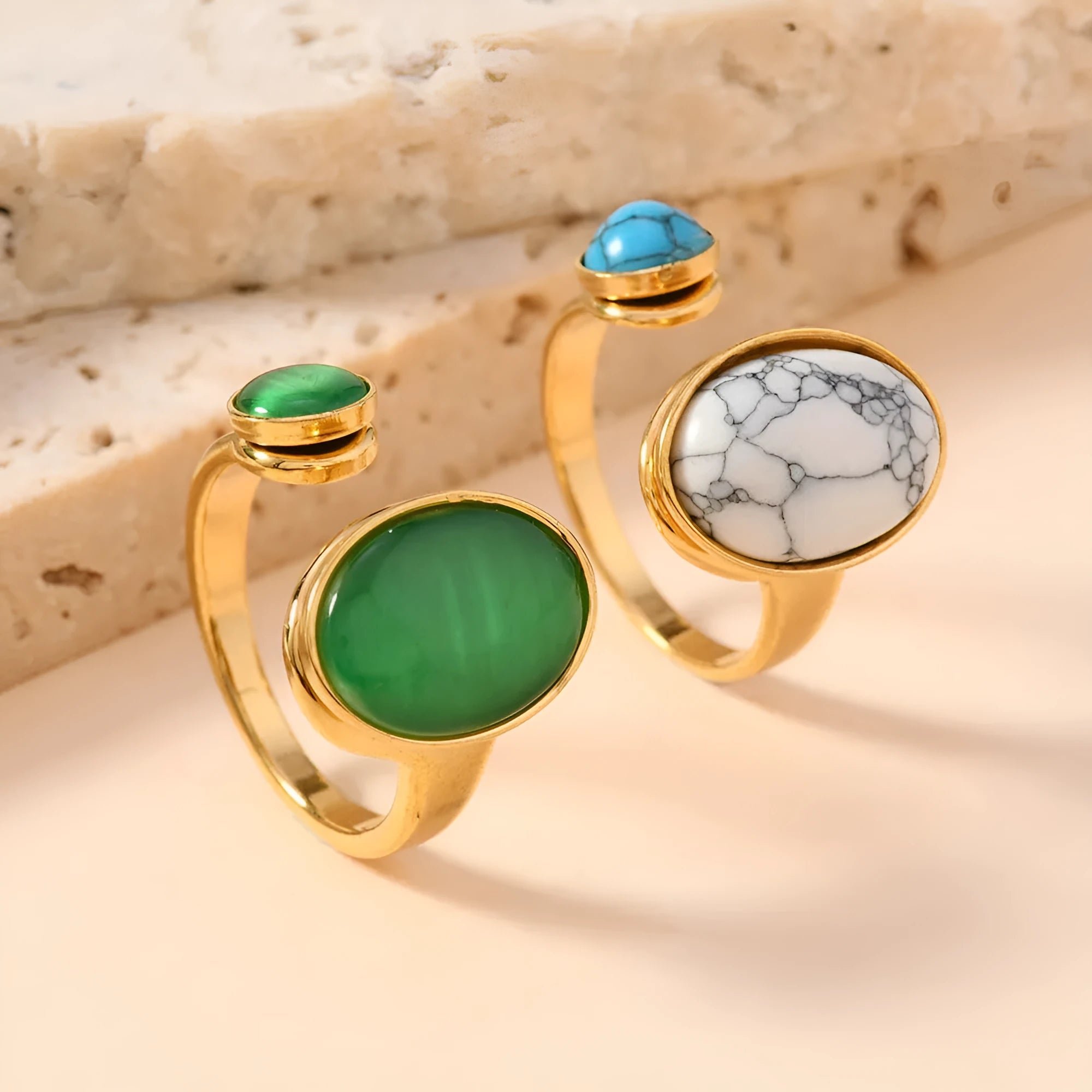 Oval natural stone ring on stainless steel band, geometric design, free size, green and white blue colour options