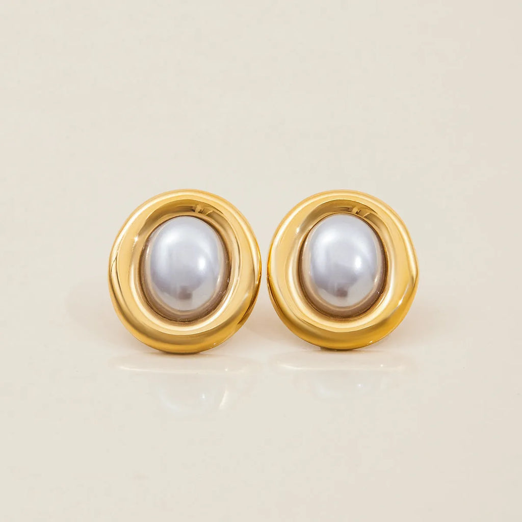 Stainless steel vintage pearl ear studs for women with electroplated finish.