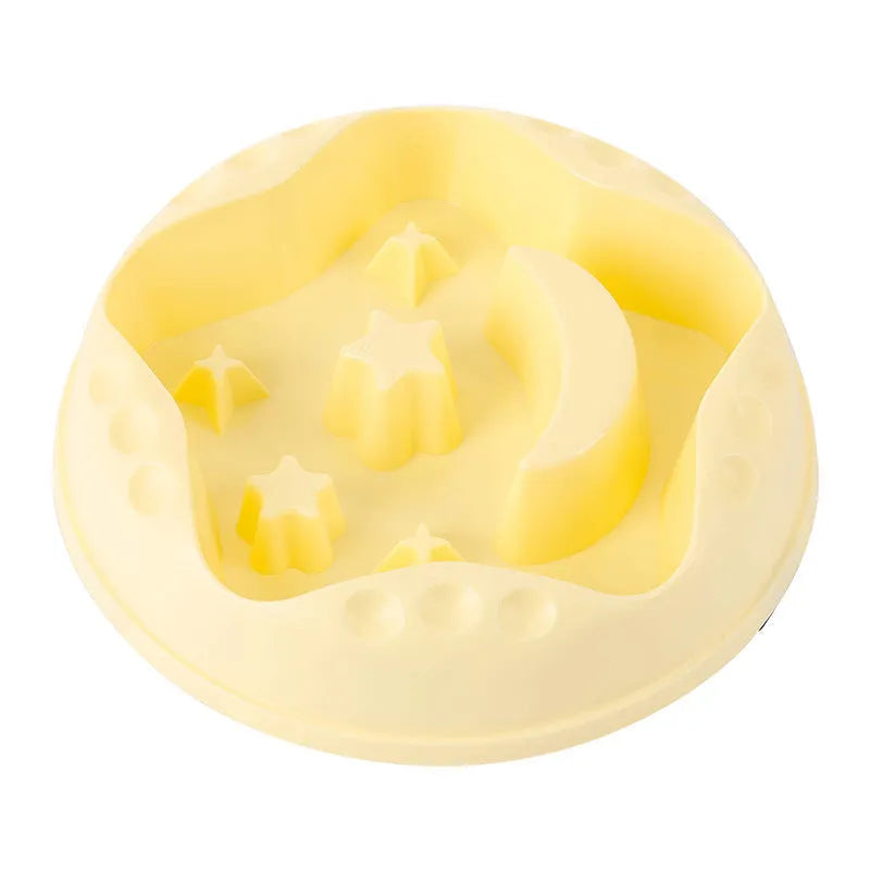 Large pet slow feeder bowl with moon and star obstacles inside, shown in blue colour.