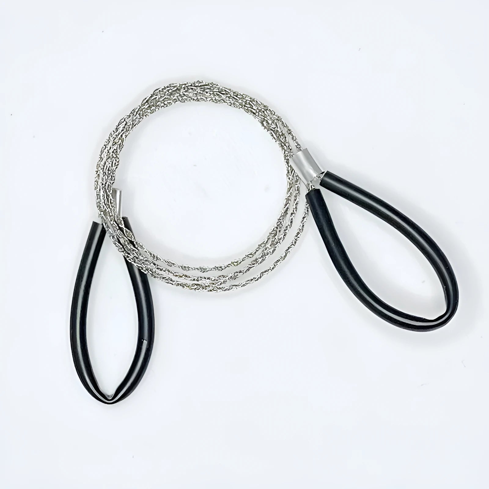 Compact black leather case containing a coiled red steel wire survival saw for outdoor use.