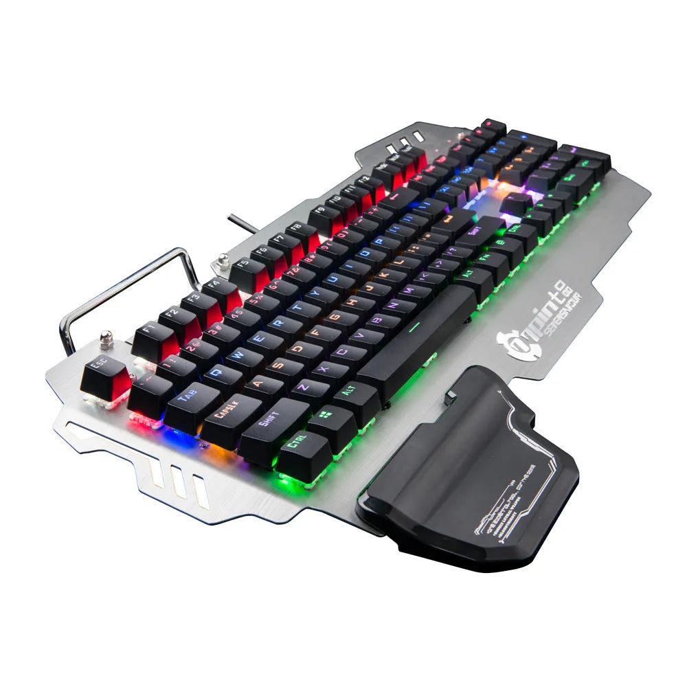 Silver metal gaming keyboard with wrist splint accessory on desktop