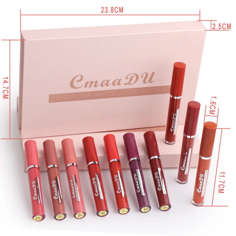10-pack women's matte lipstick set in waterproof non-stick formula with packaging showing dimensions