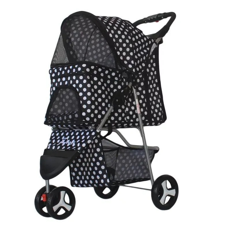 Lightweight folding three-wheeled pet trolley for dogs and cats in black, steel frame, model DTC-803