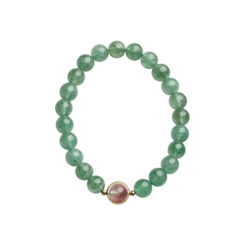 Women's green strawberry quartz 7.5mm bead bracelet with hand-woven Chinese style auspicious patterns