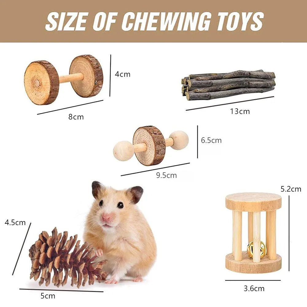 Wooden pet toy set with straw mats and woven balls for rabbits and guinea pigs
