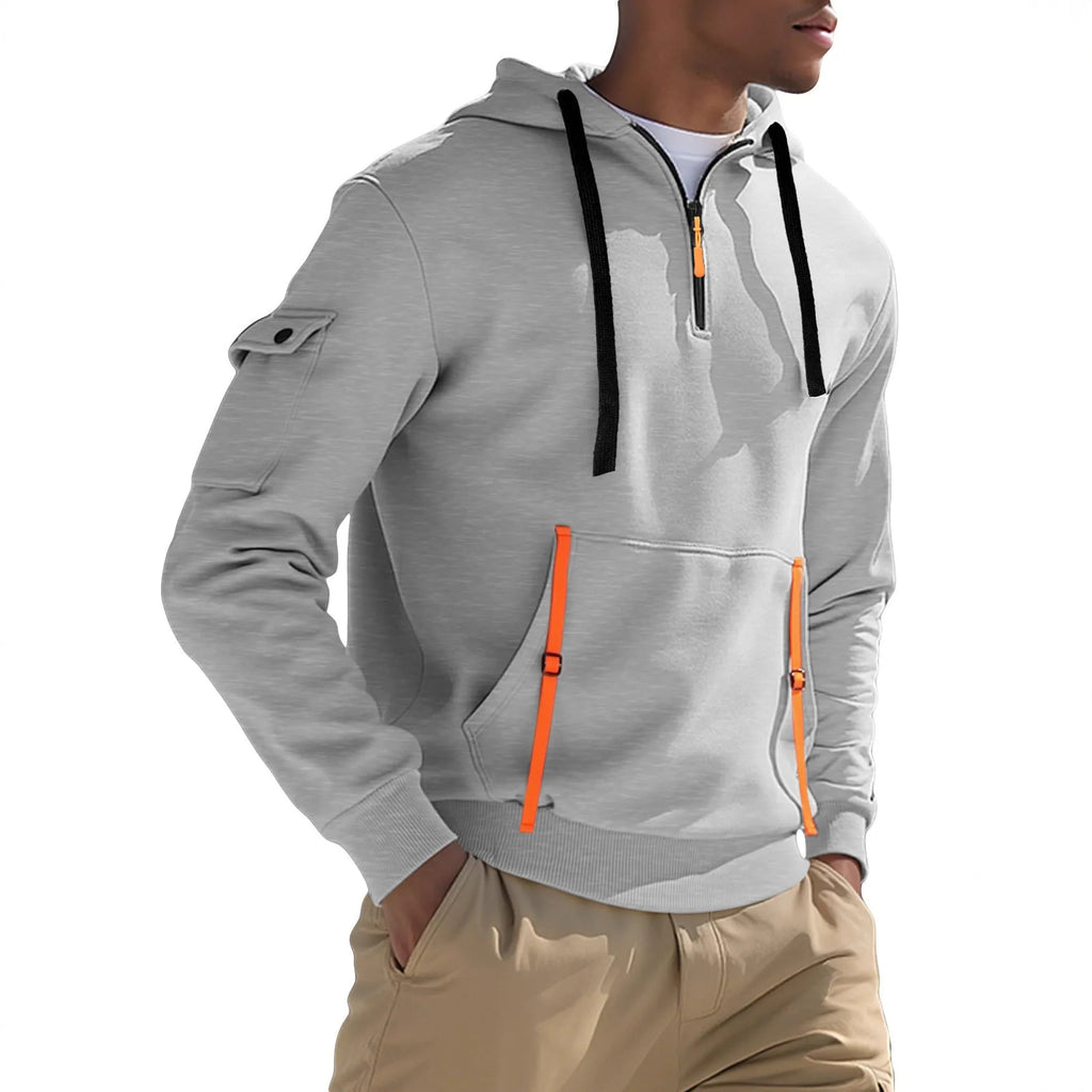 Men's fleece-lined casual hoodie pullover in khaki, polyester, long sleeves, sizes S to XXXL