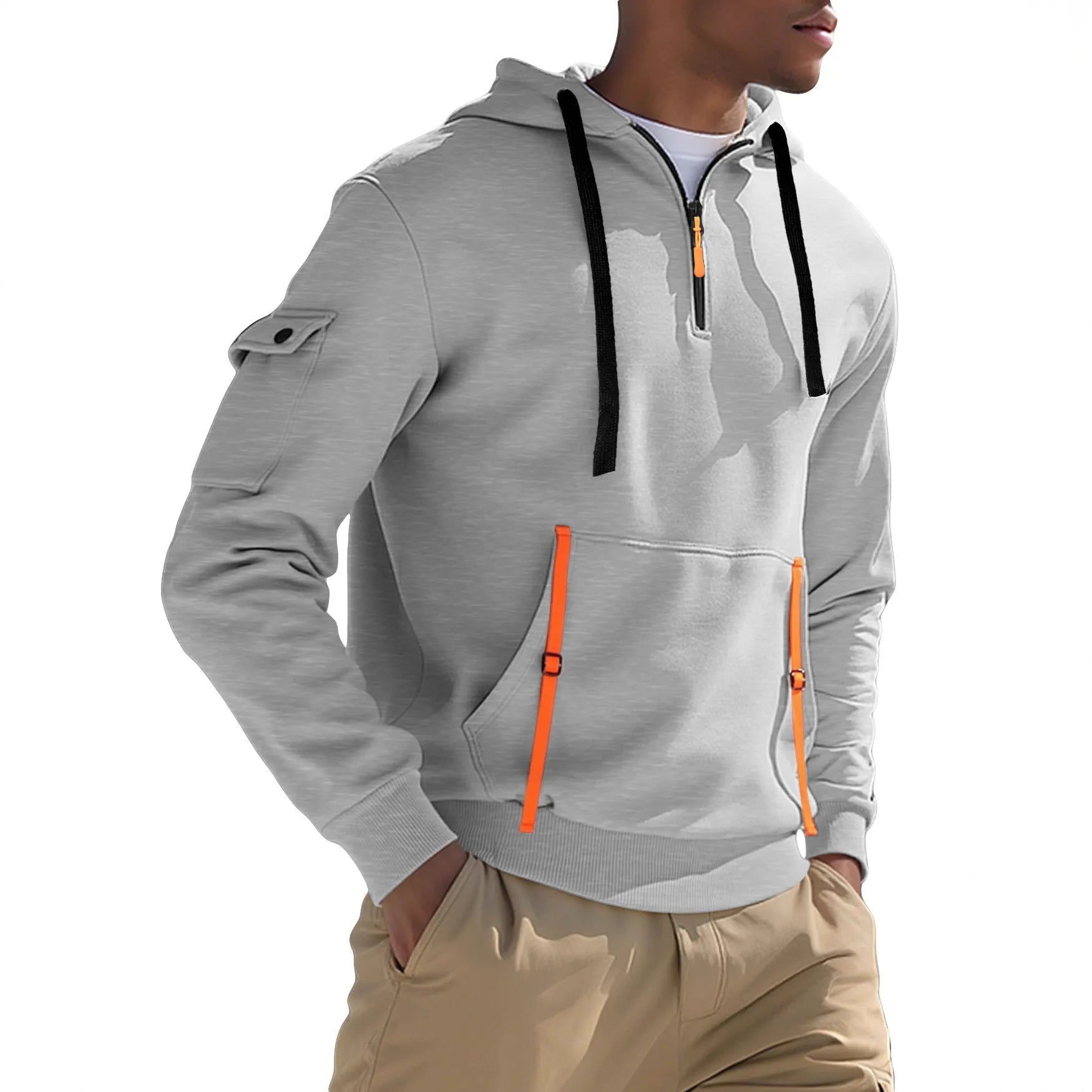 Men's fleece-lined casual hoodie pullover in khaki, polyester, long sleeves, sizes S to XXXL