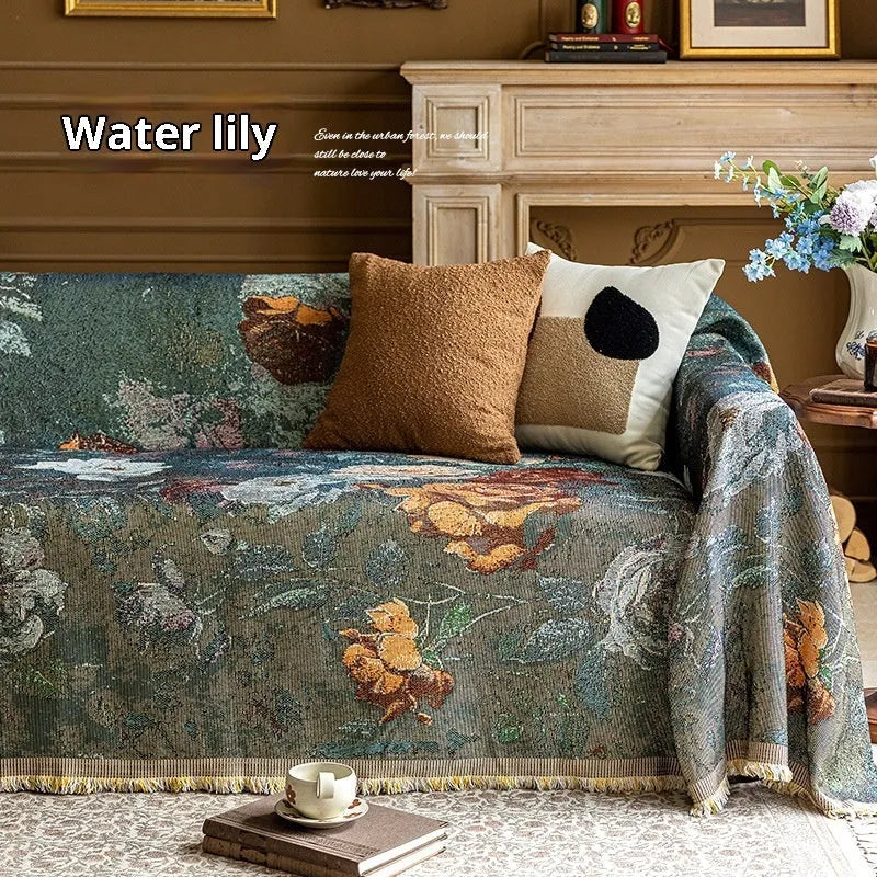 Oil painting cotton braided sofa slipcover with geometric pattern on a beige sofa, vintage colours, full coverage design