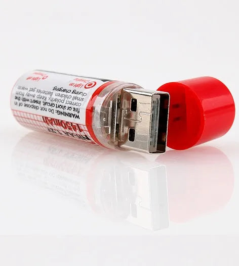 Two red USB rechargeable AA Ni-MH batteries with blue LED charging indicator on white background