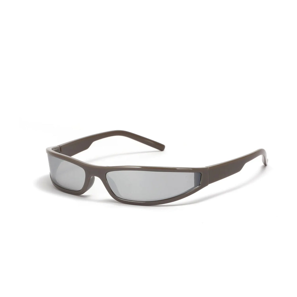 Women's narrow frame sunglasses in Bright Black and Gray, Mocha Mercury, Bright Black and White Mercury, and White Frame Red Mercury colour options