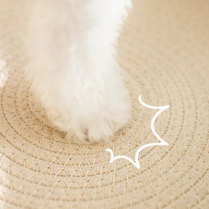 Green oval cat scratcher bed made of sisal, showing scratching surface and lounging area.