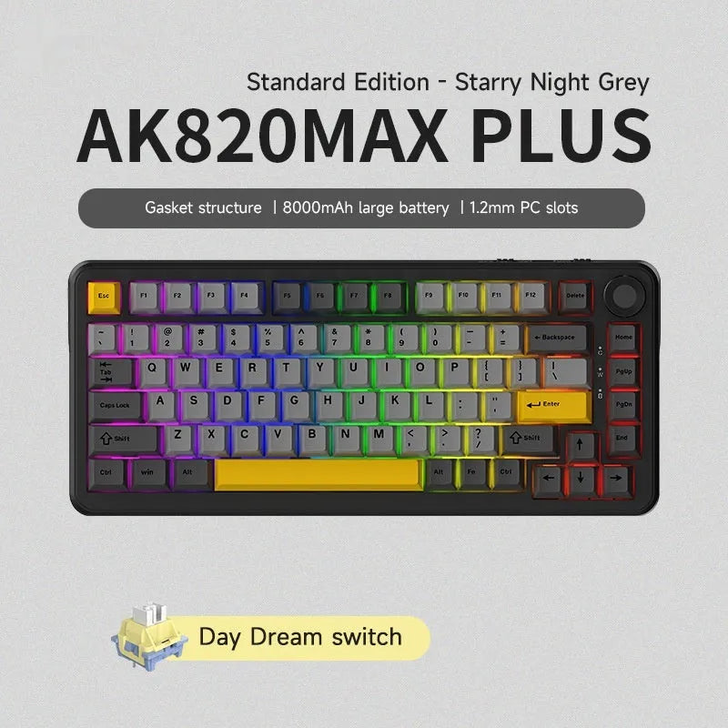 Black grey yellow wireless mechanical keyboard with 75% layout and hot-swappable switches
