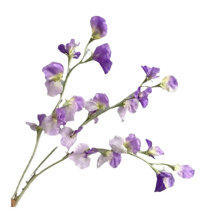 Purple flocking fragrant pea fake flower 63cm artificial silk stem on white background