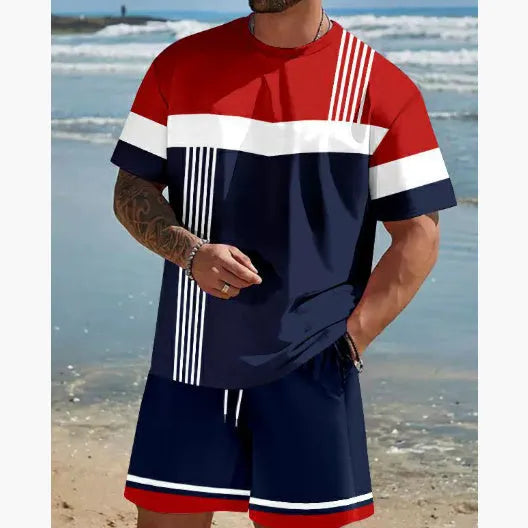 Man wearing a loose fit light blue short-sleeved t-shirt and matching shorts summer set.