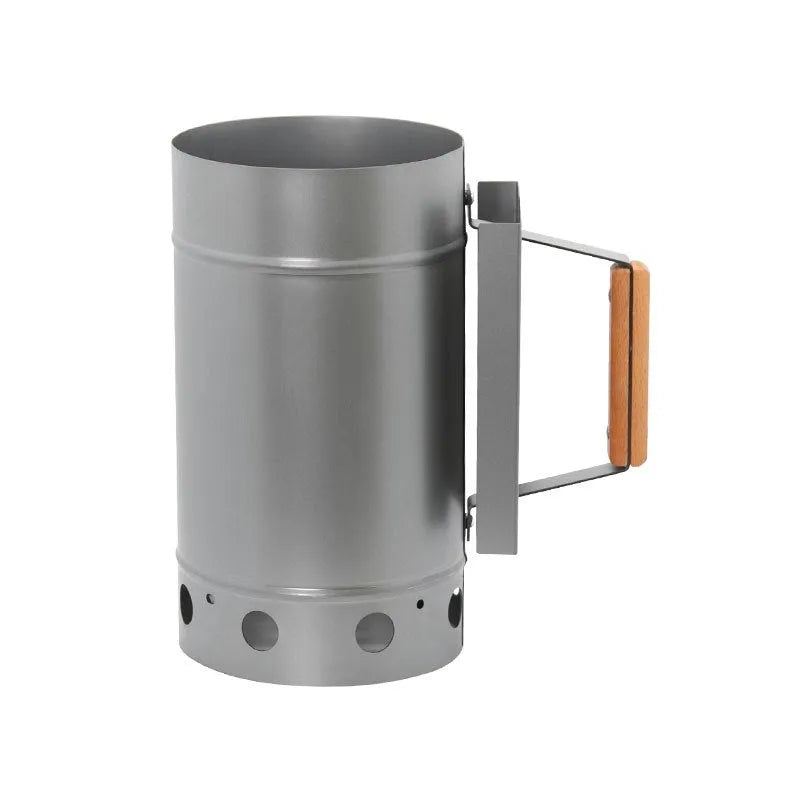 Zinc-iron alloy charcoal fire starter bucket and oven igniter for outdoor barbecues.
