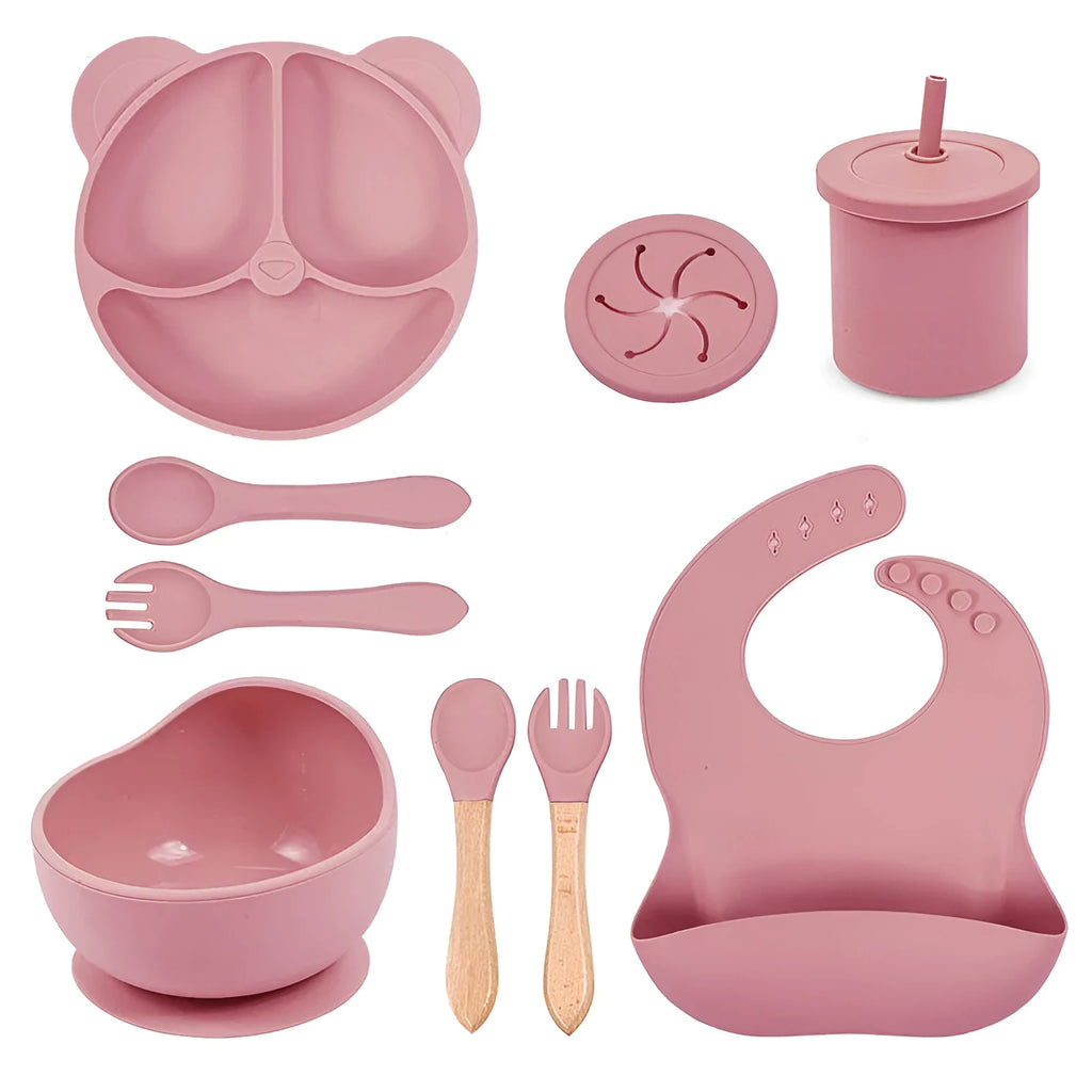 Panda Silicone children's tableware set with cat ear design cups in multiple colours on a table