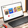 Black portable monitor with 1920x1080 IPS display showing a media scene, with touch screen option available