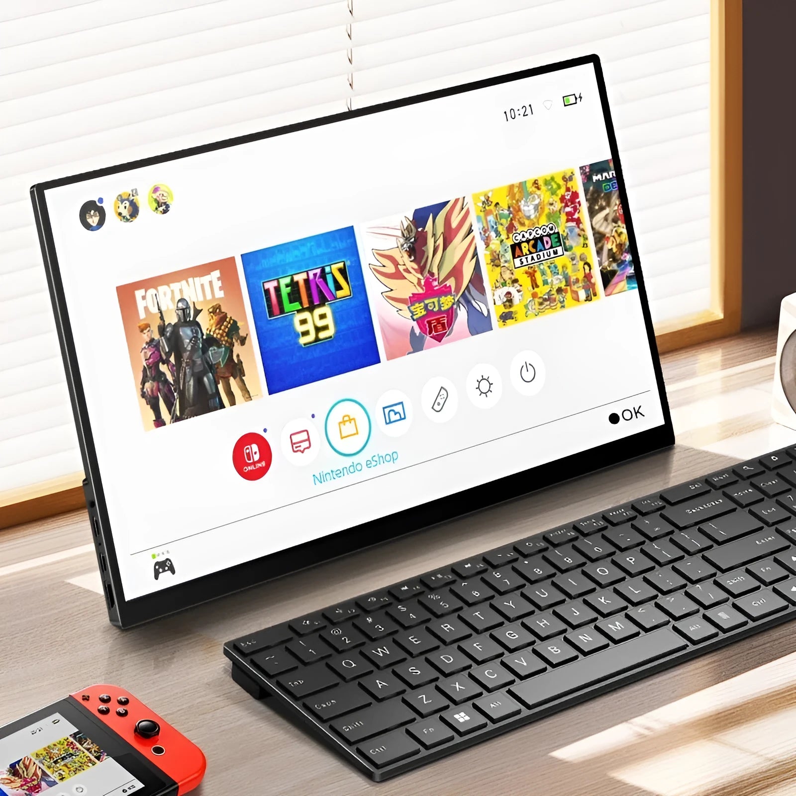 Black portable monitor with 1920x1080 IPS display showing a media scene, with touch screen option available
