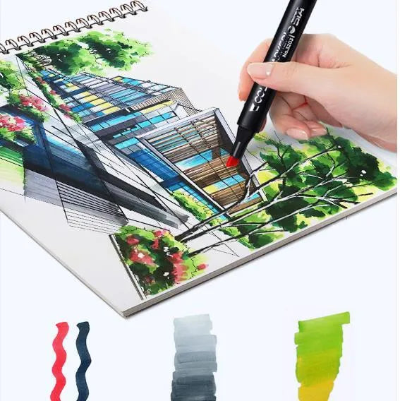 Set of double-headed alcohol oily colour markers with round and inclined nibs for professional art and design work.