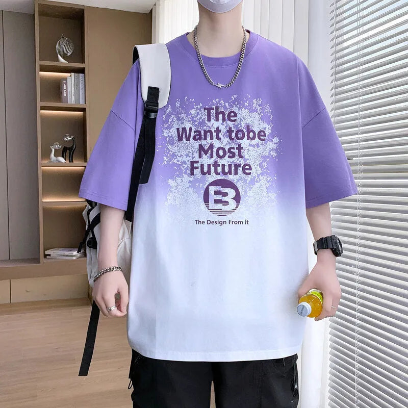 Boys blue Jacquard print letters T-shirt with drop-shoulder short sleeves