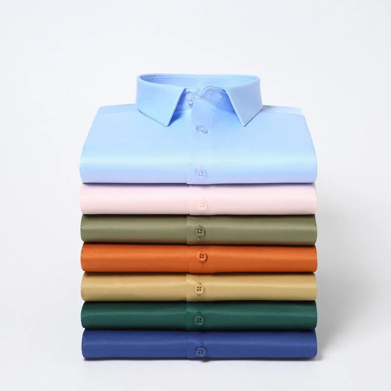 Men's elastic silk long-sleeved shirt in solid colour with non-ironing finish and breathable spandex blend fabric