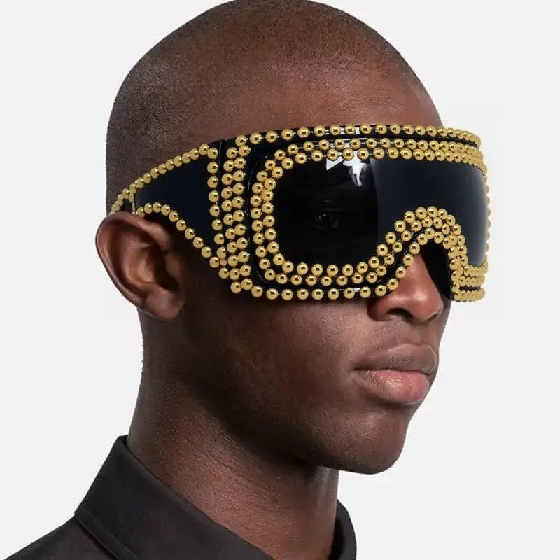 Men's square sunglasses with large rim and punk rivet detailing in silver or gold colours