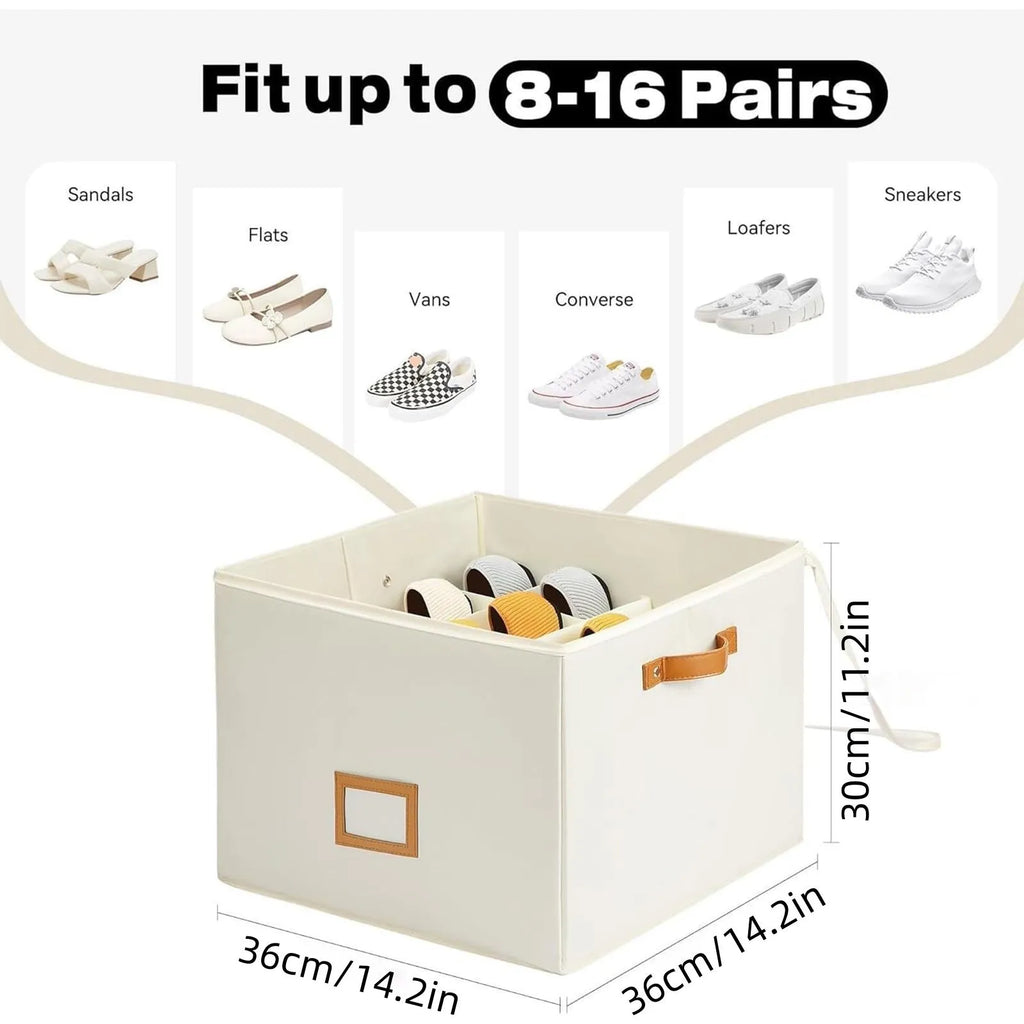 Foldable visual shoe box with grid front and lid, beige, large size 36x36x30cm