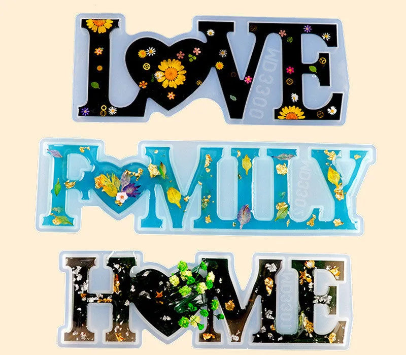 Flexible silicone epoxy mould showing raised letters for words love, home, family, live, hello, blessed.