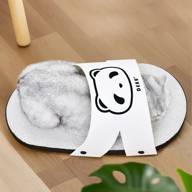 White corrugated paper cat scratch board in a slipper style design on a plain background.