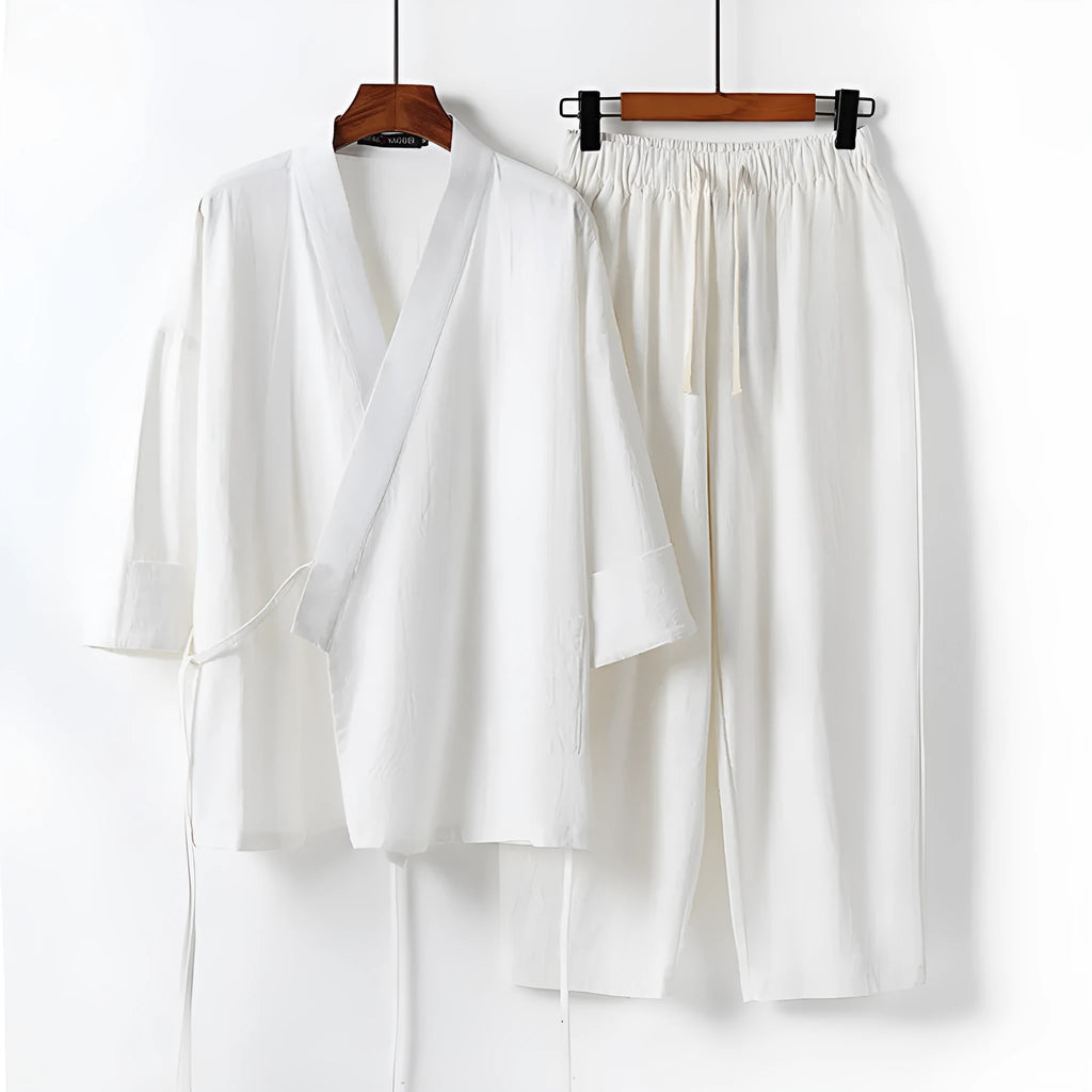 Cardigan style Hanfu two-piece suit in cotton fabric showing traditional Chinese design with loose-fitting top and trousers