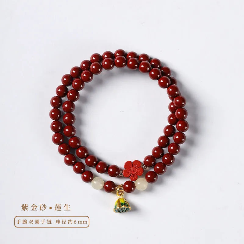 Purple gold cinnabar bead bracelet with lotus decoration and double circle design