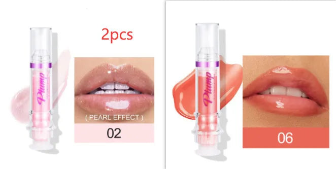 Tube of lip gloss showing shiny finish, available in six different colour shades.